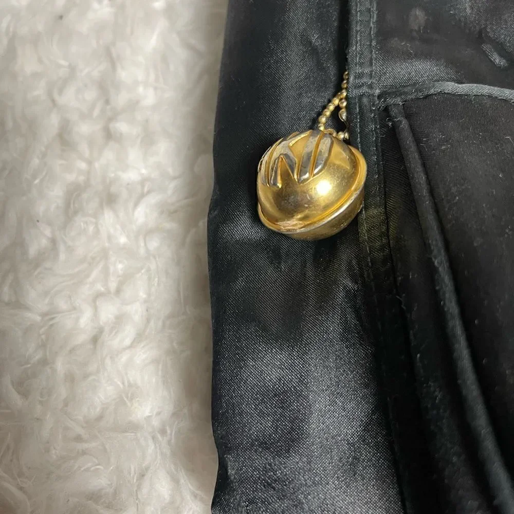 ANN KLEIN II Black Satin medium sling back brass accents .